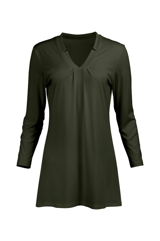 Classic V-Collar Gathered Tunic-Olive
