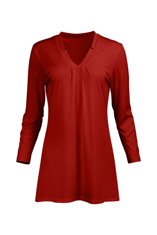 Classic V-Collar Gathered Tunic-Red