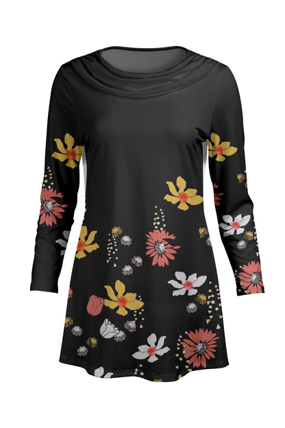 Cowl-Neck Printed Tunic-Black White Floral