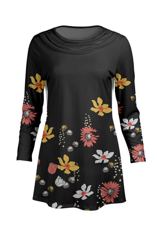 Cowl-Neck Printed Tunic-Black Multi Floral