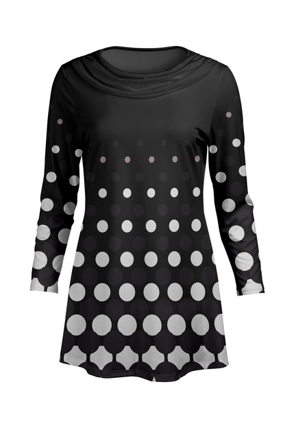 Cowl-Neck Printed Tunic-Black White Floral