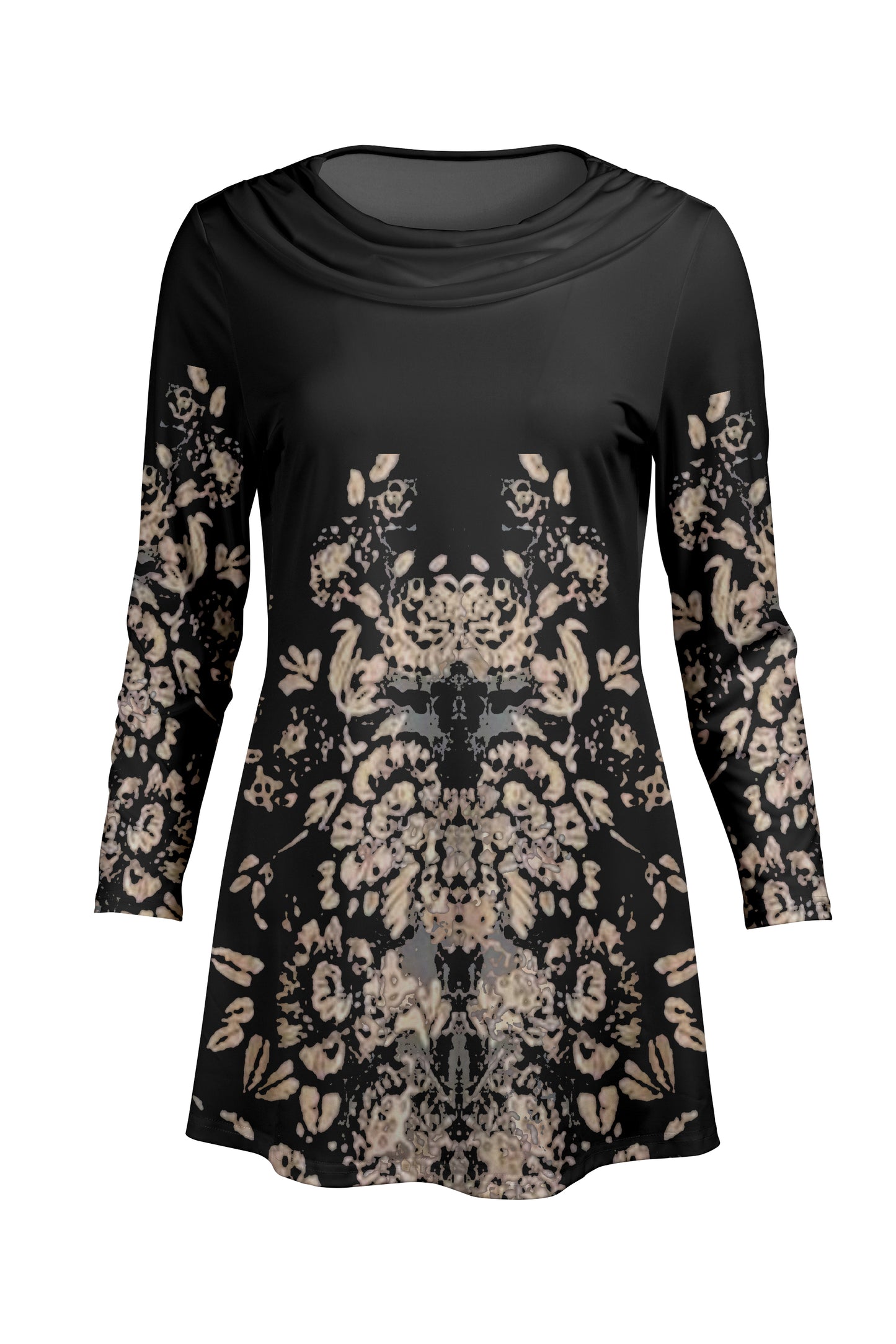 Cowl-Neck Printed Tunic-Black White Floral