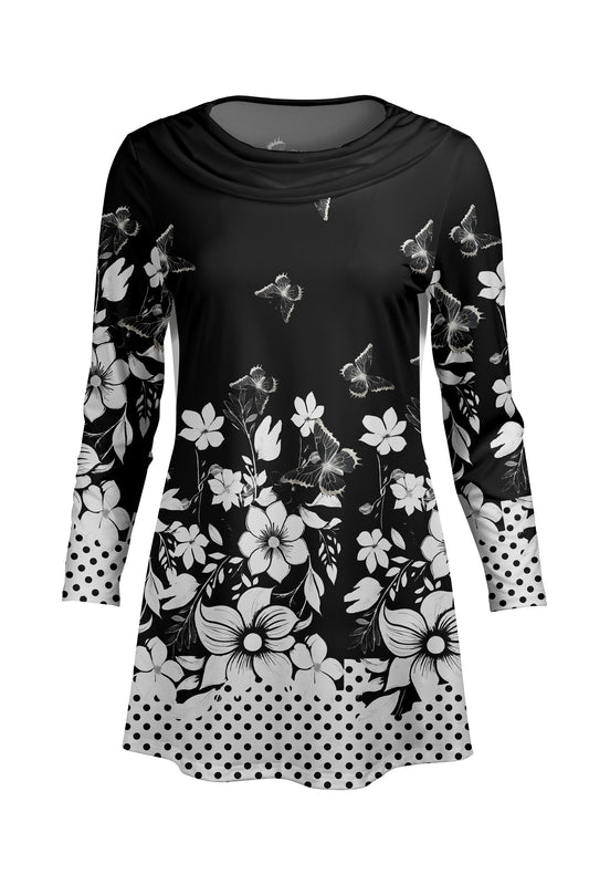 Cowl-Neck Printed Tunic-Black White Floral