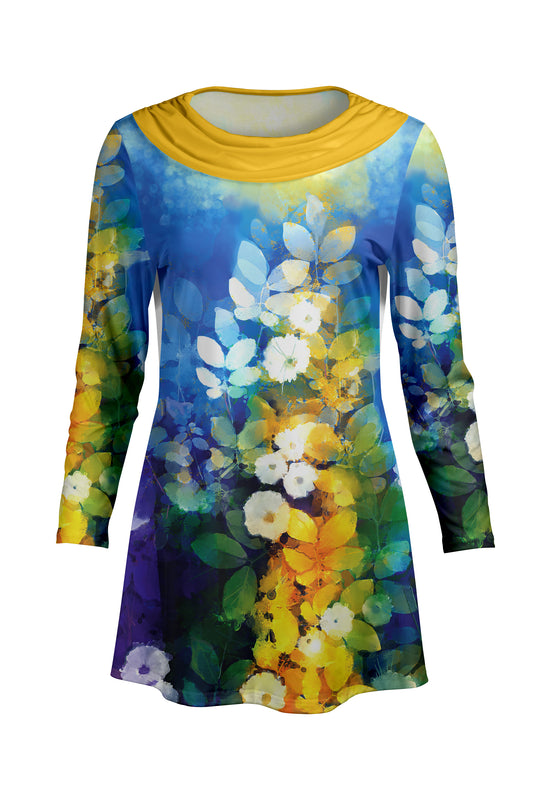 Cowl-Neck Printed Tunic-Blur Yellow