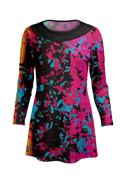 Cowl-Neck Printed Tunic-Black Pink