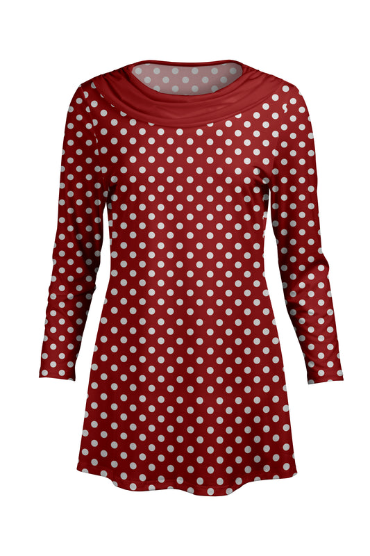 Cowl-Neck Printed Tunic-Red White Dots