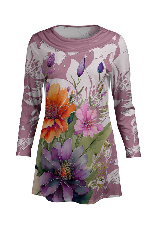 Cowl-Neck Printed Tunic-Beige Floral