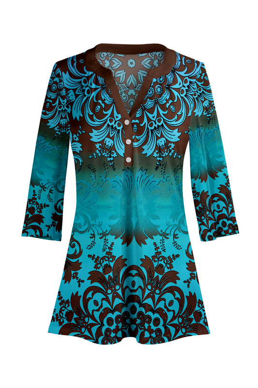 Classic Button-Front V-Collar Tunic-Blue Brown