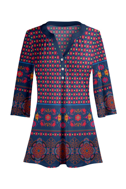 Classic Button-Front V-Collar Tunic-Black Pink