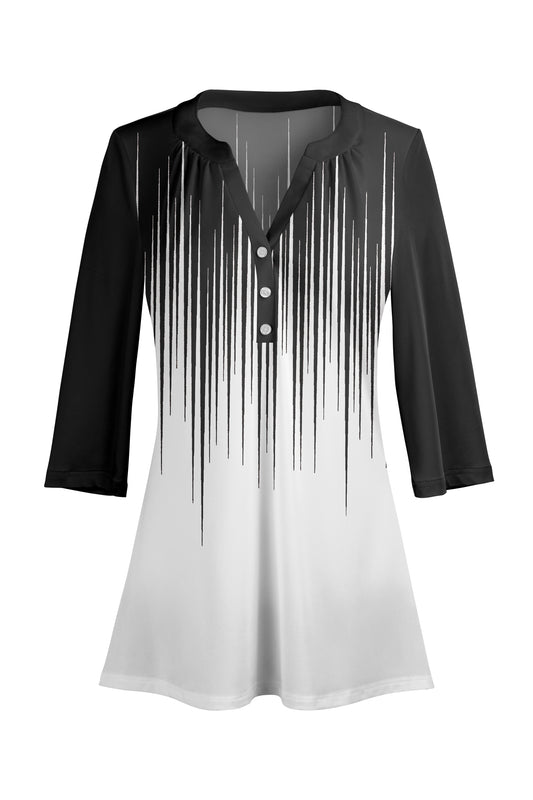 Classic Button-Front V-Collar Tunic-Black White
