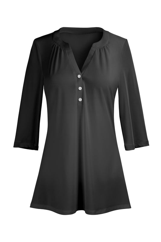 Classic Button-Front V-Collar Tunic-Black