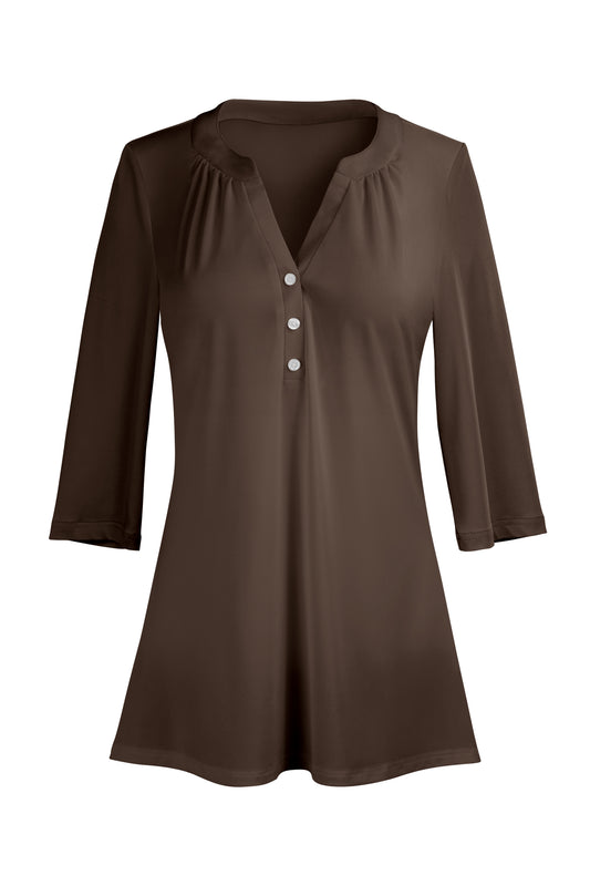 Classic Button-Front V-Collar Tunic-Brown