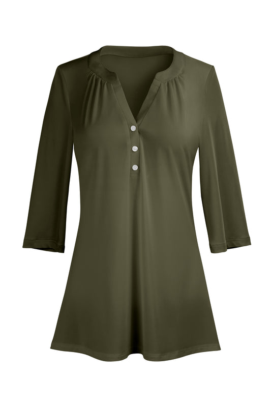 Classic Button-Front V-Collar Tunic-Olive