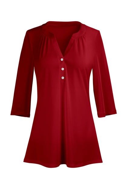 Classic Button-Front V-Collar Tunic-Red