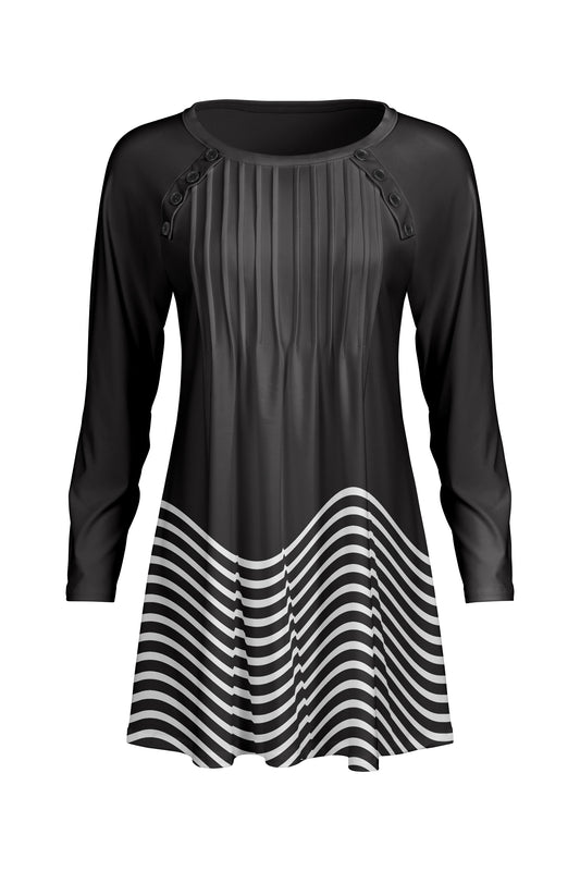 Pleated Front Button-Detail Tunic-Black White
