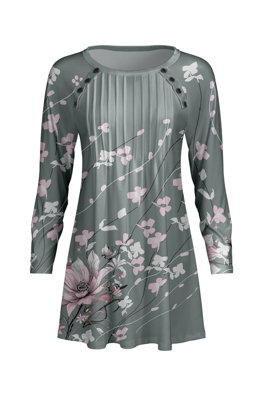 Pleated Front Button-Detail Tunic-Grey Pink