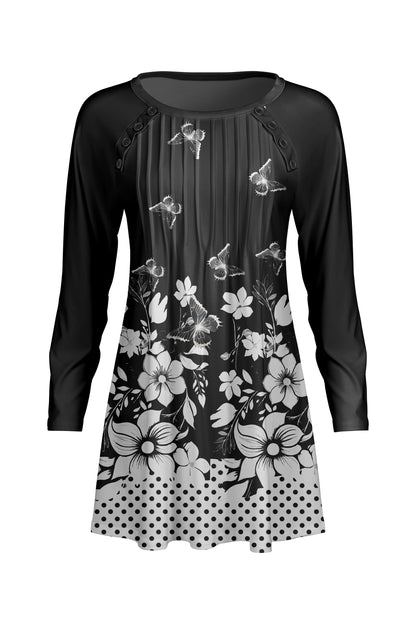 Pleated Front Button-Detail Tunic-Black Grey
