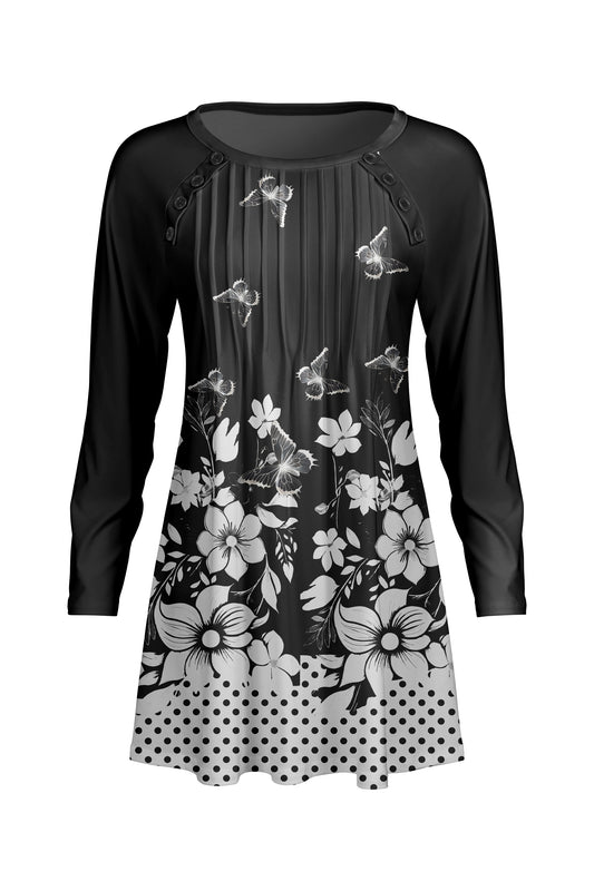 Pleated Front Button-Detail Tunic-Black White Floral