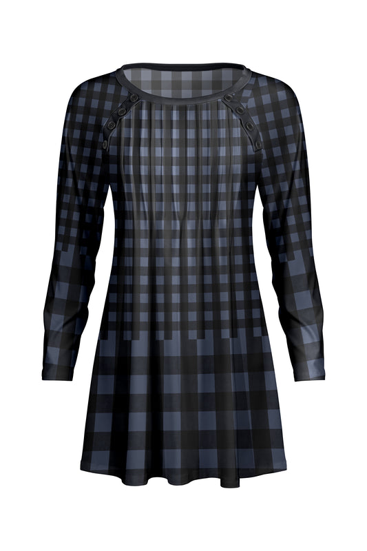 Pleated Front Button-Detail Tunic-Black Navy Plaids