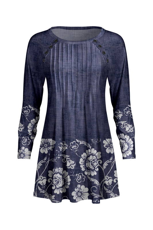 Pleated Front Button-Detail Tunic-Blue White