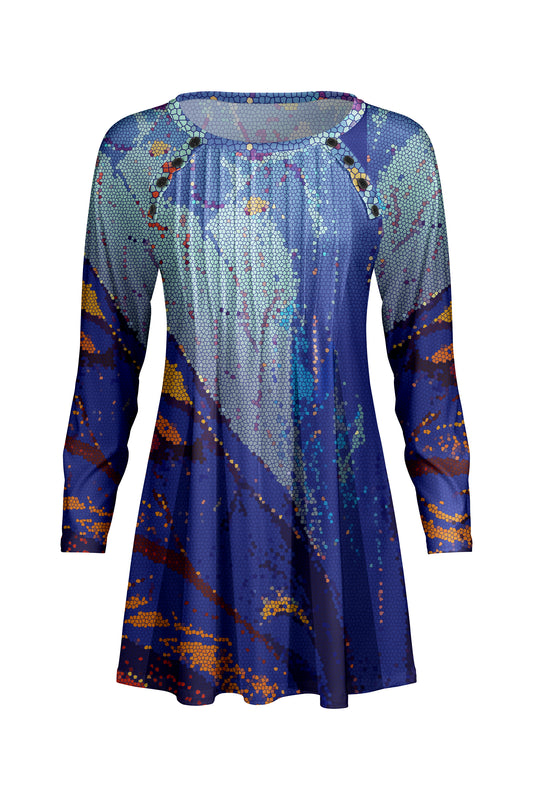 Pleated Front Button-Detail Tunic-Blue Multi