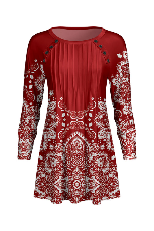 Pleated Front Button-Detail Tunic-Red White Boho