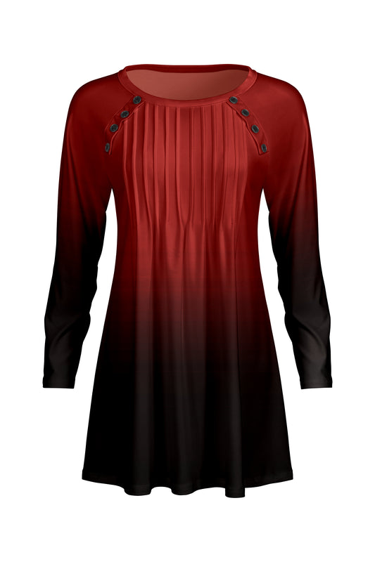 Pleated Front Button-Detail Tunic-Black Red