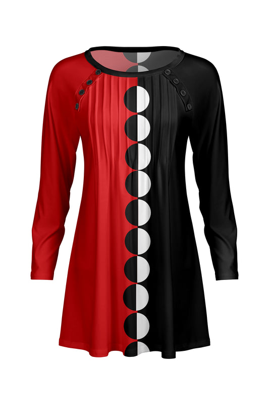 Pleated Front Button-Detail Tunic-Red Black