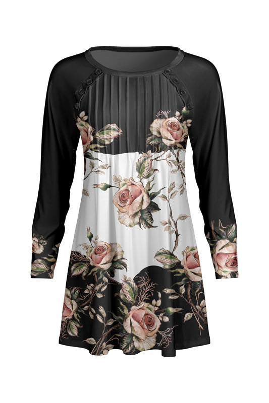 Pleated Front Button-Detail Tunic-Black White Rose