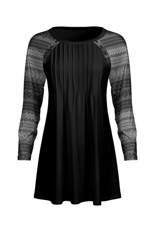Pleated Front Button-Detail Tunic-Black Grey