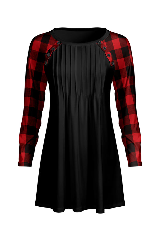 Pleated Front Button-Detail Tunic-Black Red Plaids