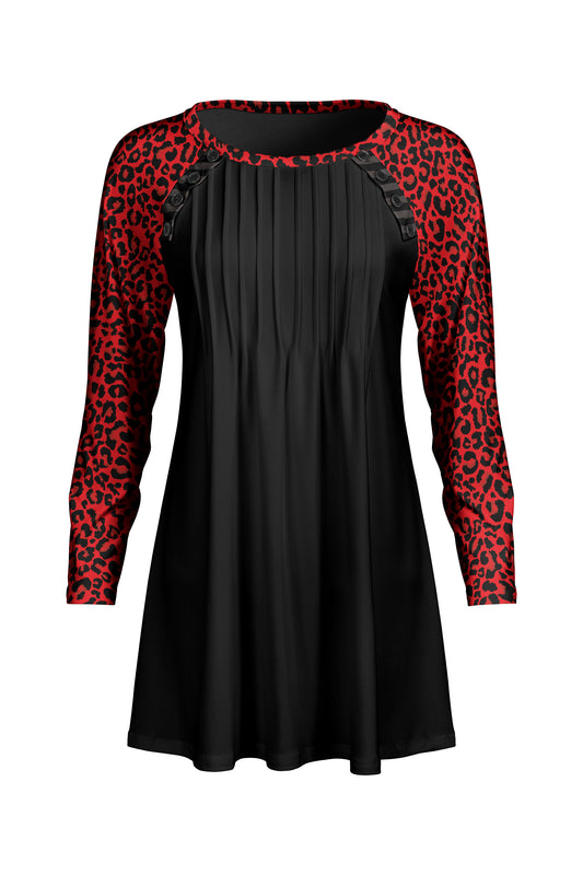 Pleated Front Button-Detail Tunic-Black Red Animal