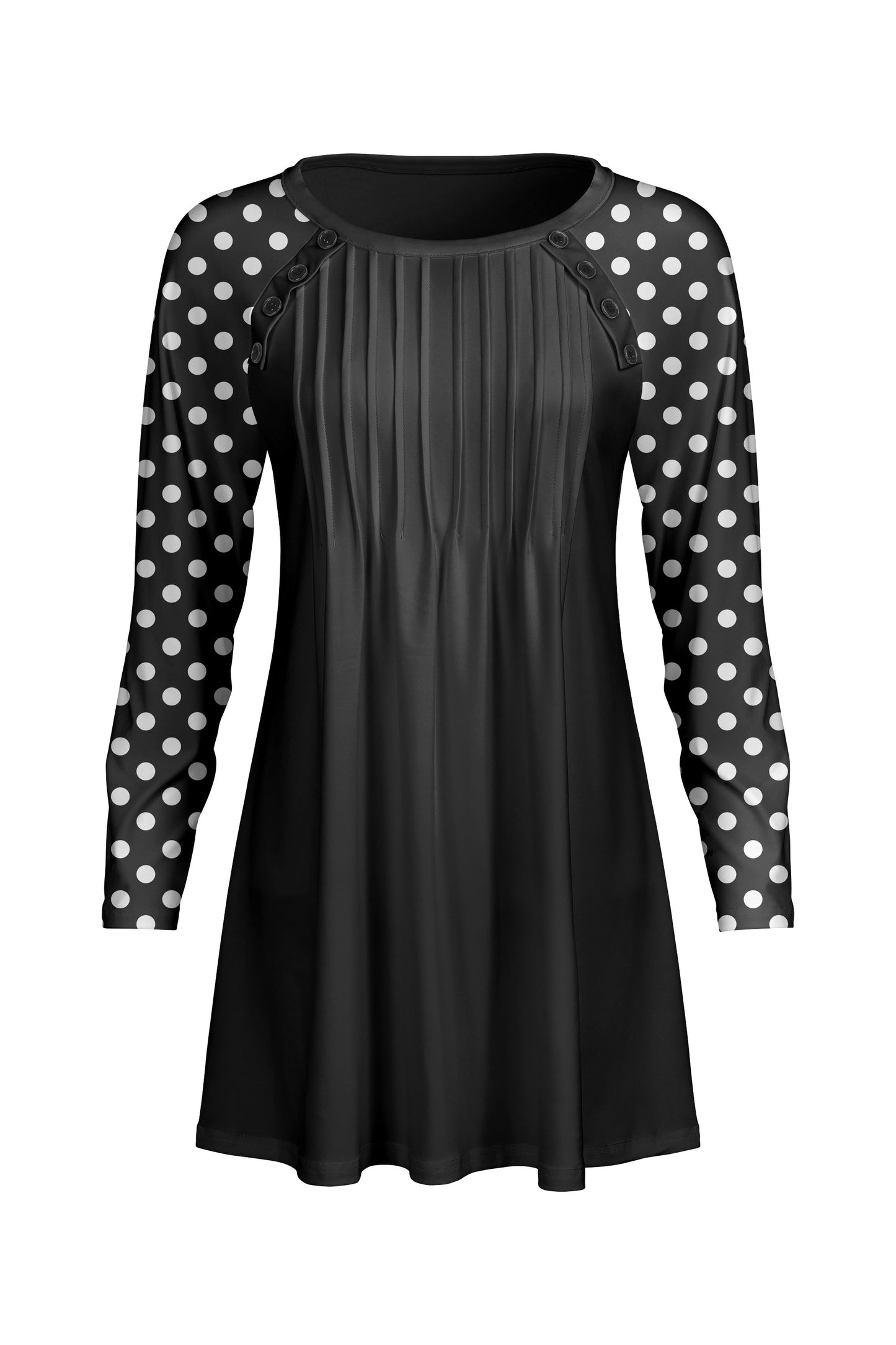 Pleated Front Button-Detail Tunic-Black Grey