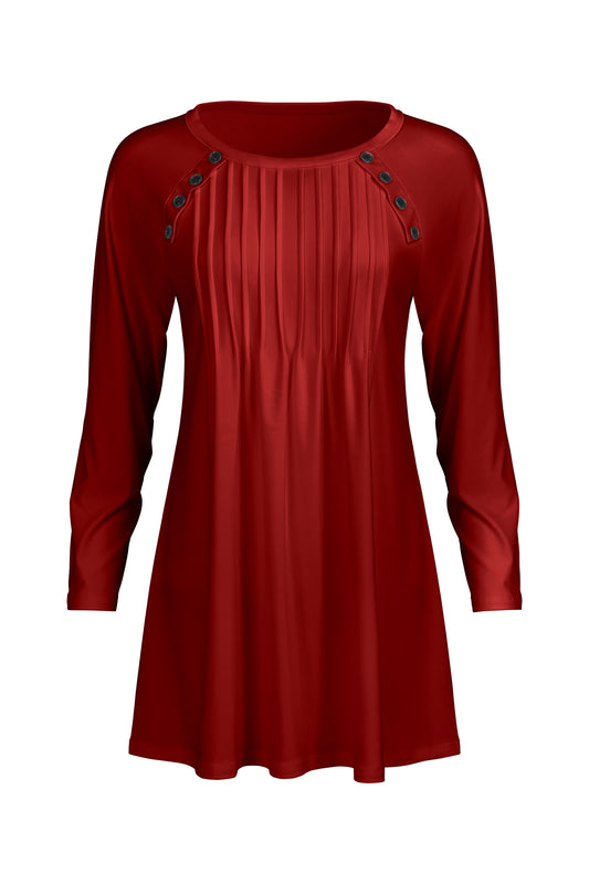 Pleated Front Button-Detail Tunic-Red