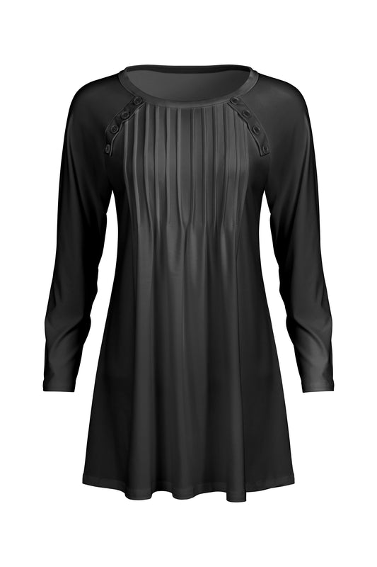 Pleated Front Button-Detail Tunic-Black