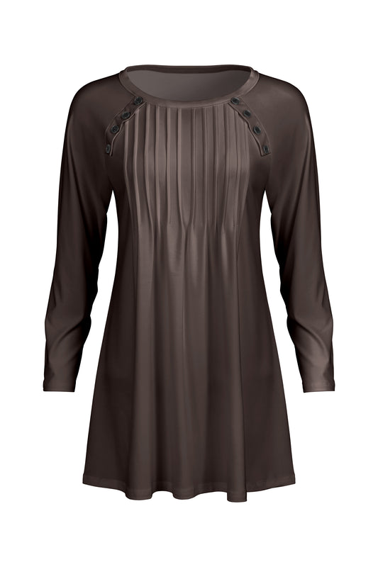 Pleated Front Button-Detail Tunic-Brown
