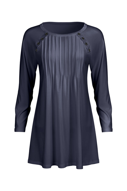Pleated Front Button-Detail Tunic-Navy