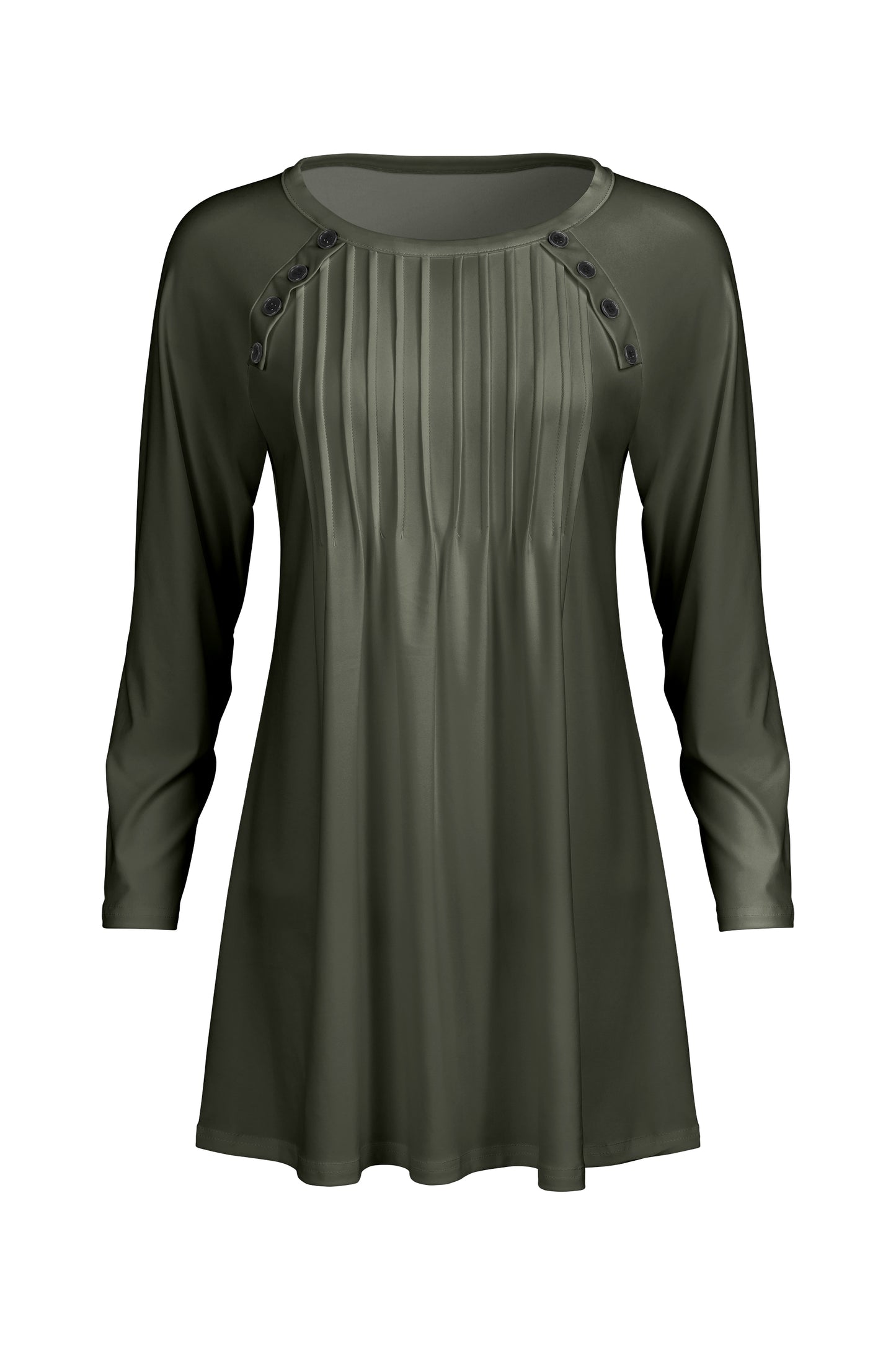 Pleated Front Button-Detail Tunic-Olive