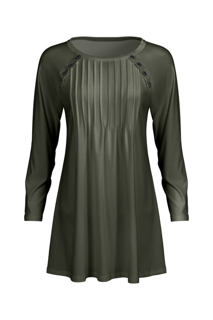 Pleated Front Button-Detail Tunic-Olive