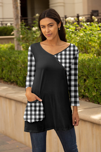 Patched Tunic with Pop Pocket-Black Red Plaids