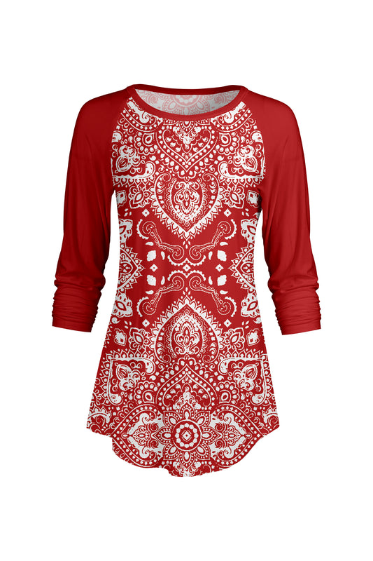 Bold Contrast Raglan Sleeve Tunic-Red White Boho