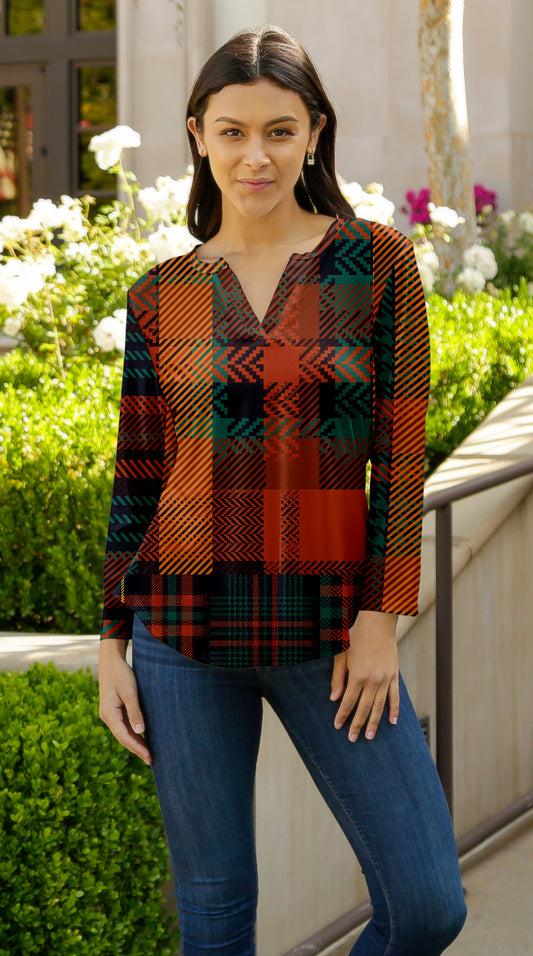 Classic V-Collar Printed Tunic-Red Green