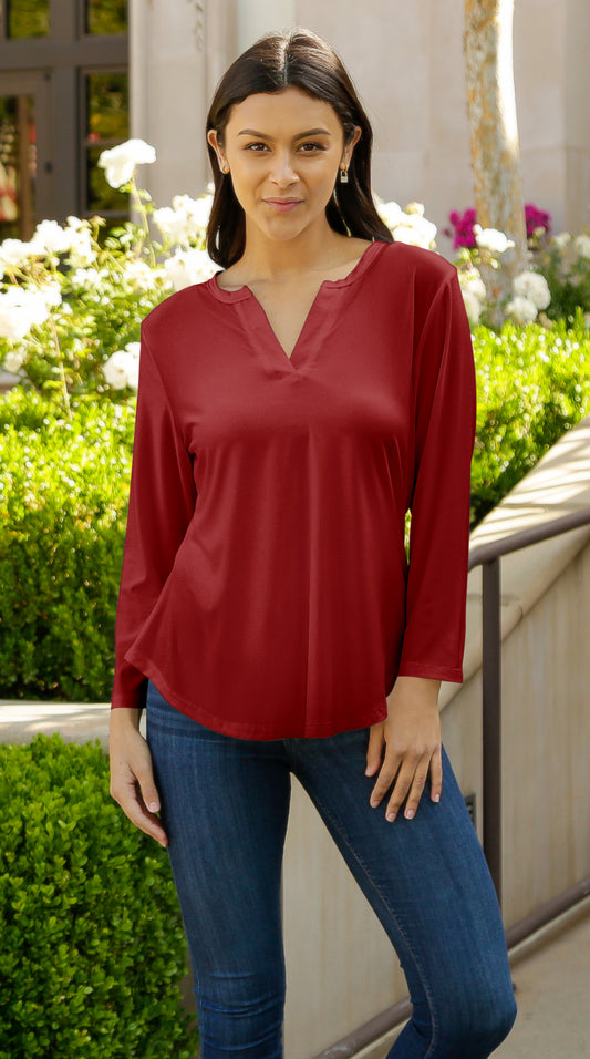 Classic V-Collar Printed Tunic-Red