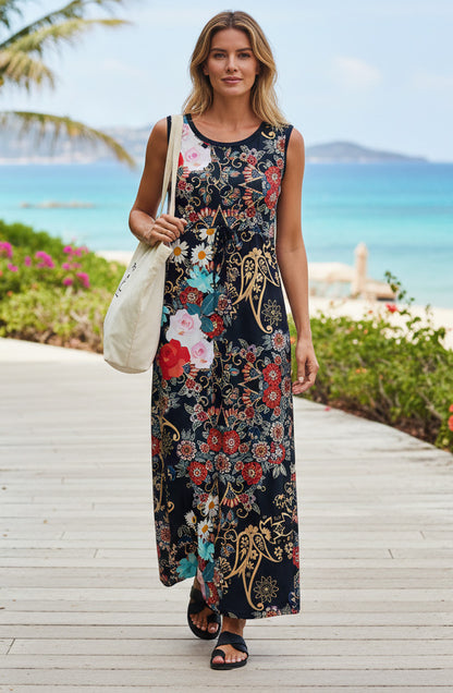 Sleeveless Maxi Dress with Waist Tie-Beige -Rusty Boho Print