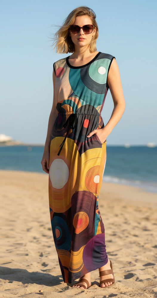 Sleeveless Maxi Dress with Waist Tie-Beige -Rusty Boho Print