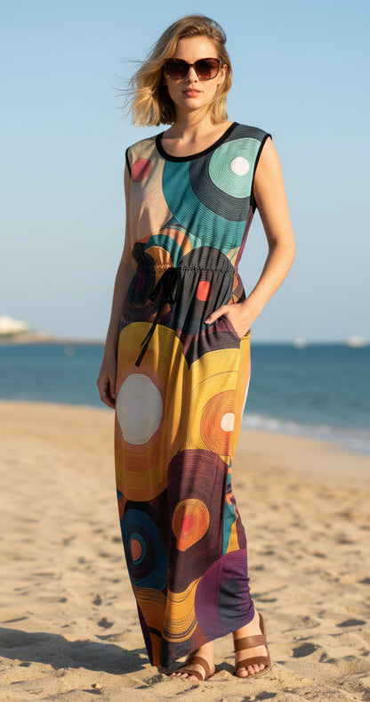 Sleeveless Maxi Dress with Waist Tie-Beige -Rusty Boho Print