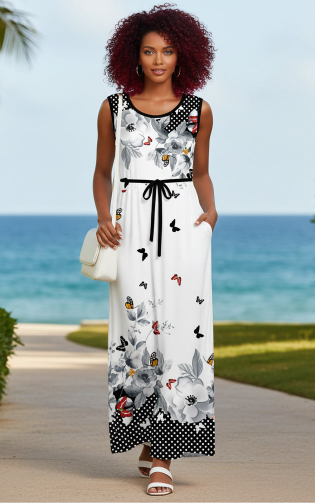 Sleeveless Maxi Dress with Waist Tie-Beige -Rusty Boho Print