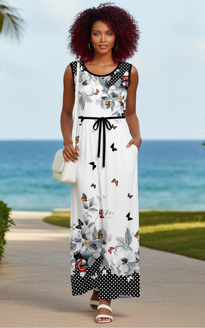 Sleeveless Maxi Dress with Waist Tie-Beige -Rusty Boho Print