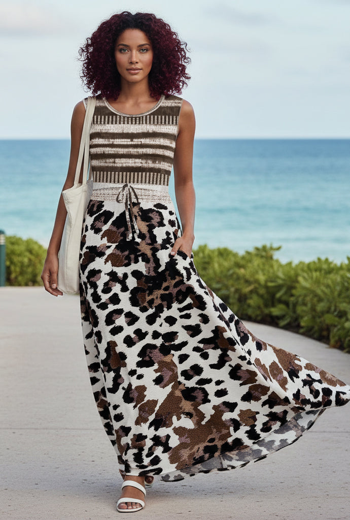 Sleeveless Maxi Dress with Waist Tie-Beige -Rusty Boho Print
