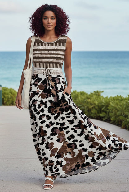 Sleeveless Maxi Dress with Waist Tie-Beige -Rusty Boho Print